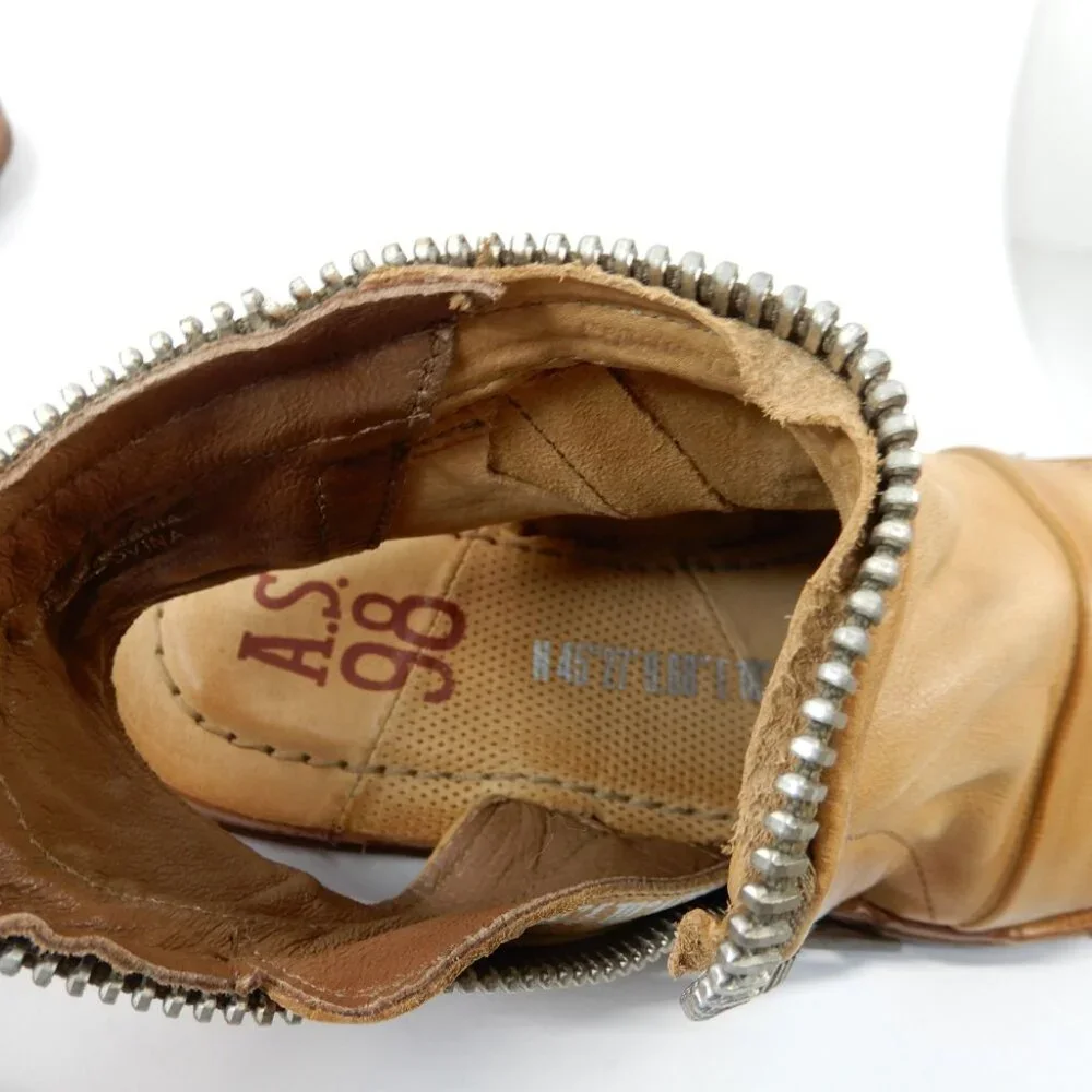 A.S.98 Ritchie Flat Sandals Peep Toe Bootie EU 36 5.5 6 Camel Leather Zipper NEW - Picture 9 of 12